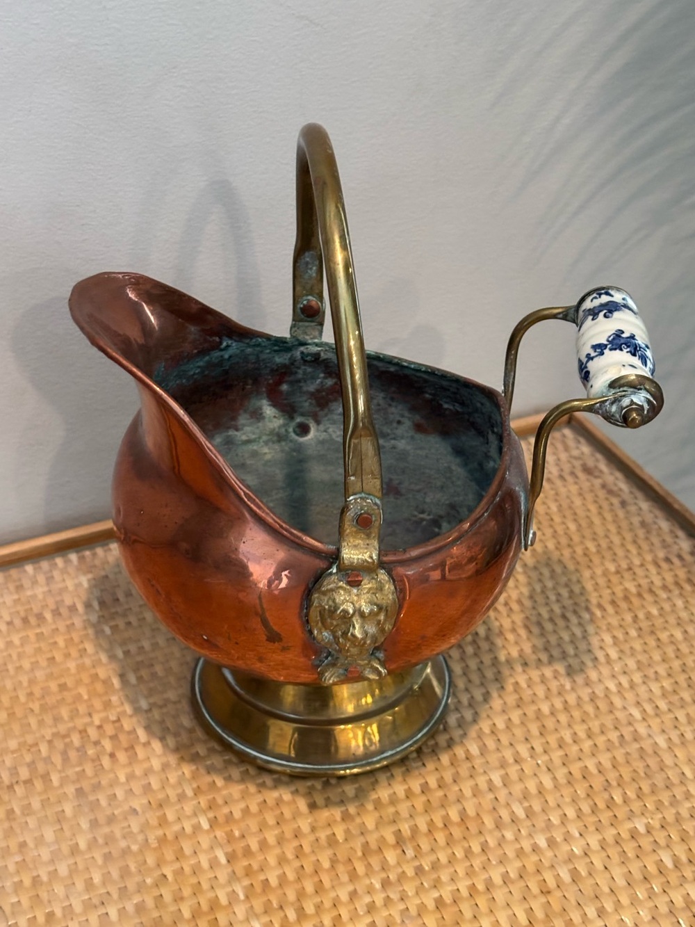 Antique Copper & Brass miniature coal scuttle/ ash bucket with lions heads